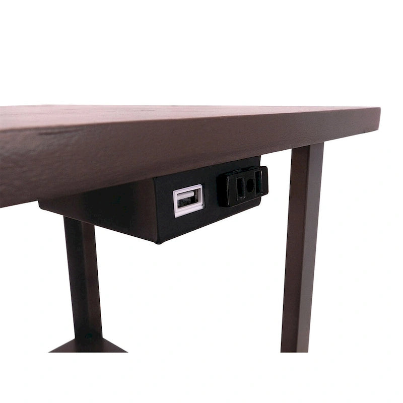 Table d'appoint avec lampadaire et station de recharge – Marron, bois et métal, utilisateur unique