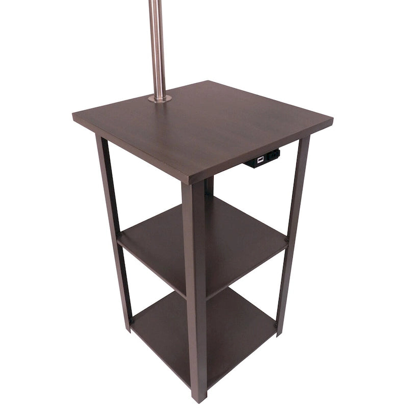 Table d'appoint avec lampadaire et station de recharge – Marron, bois et métal, utilisateur unique