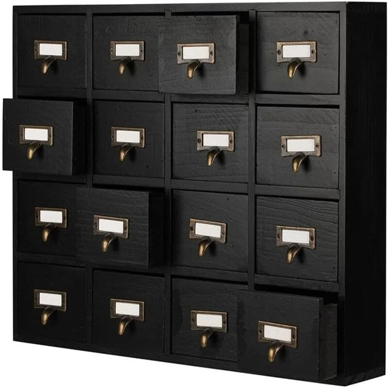Cabinet d'apothicaire en bois massif noir / marron / bleu à 16 tiroirs pour 1