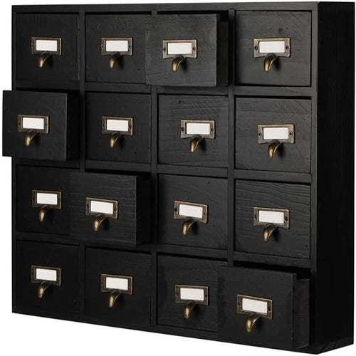 Cabinet d'apothicaire en bois massif noir / marron / bleu à 16 tiroirs pour 1
