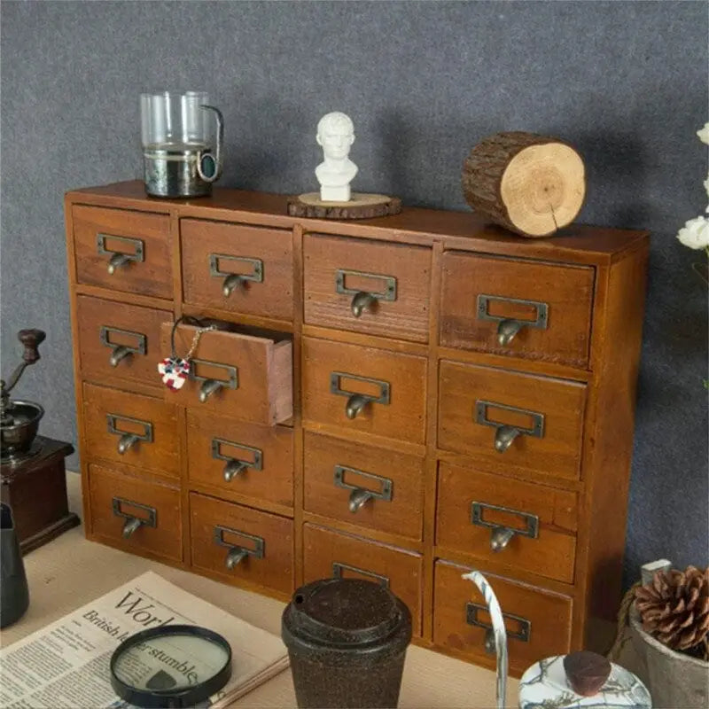 Cabinet d'apothicaire en bois massif noir / marron / bleu à 16 tiroirs pour 1