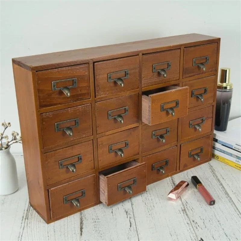 Cabinet d'apothicaire en bois massif noir / marron / bleu à 16 tiroirs pour 1