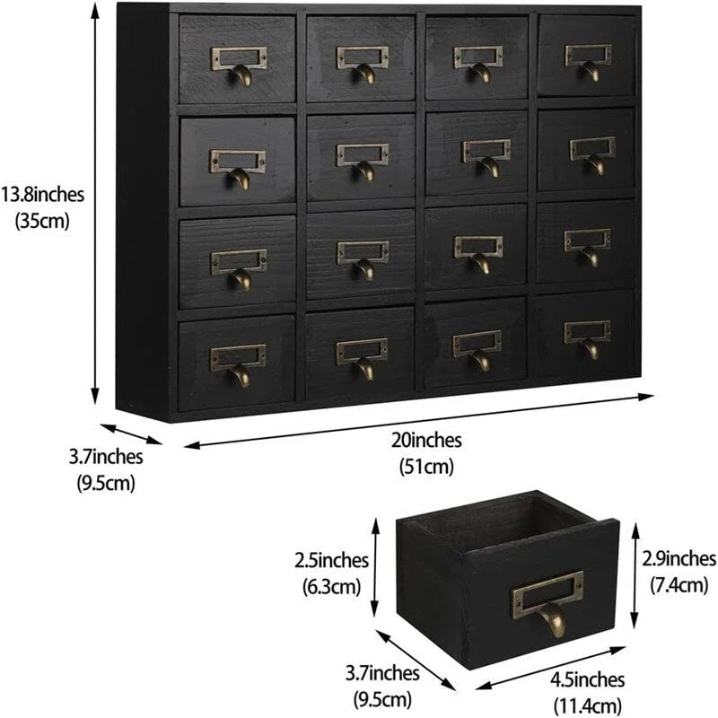 Cabinet d'apothicaire en bois massif noir / marron / bleu à 16 tiroirs pour 1