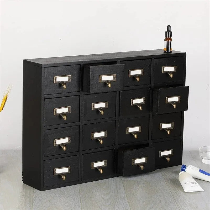 Cabinet d'apothicaire en bois massif noir / marron / bleu à 16 tiroirs pour 1