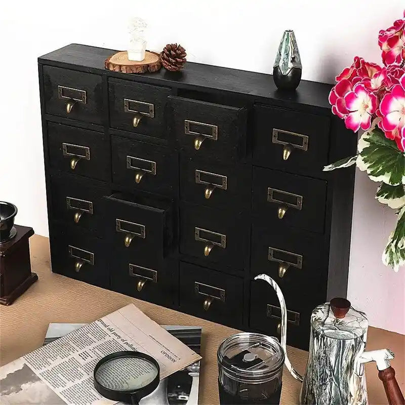 Cabinet d'apothicaire en bois massif noir / marron / bleu à 16 tiroirs pour 1