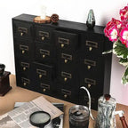Cabinet d'apothicaire en bois massif noir / marron / bleu à 16 tiroirs pour 1