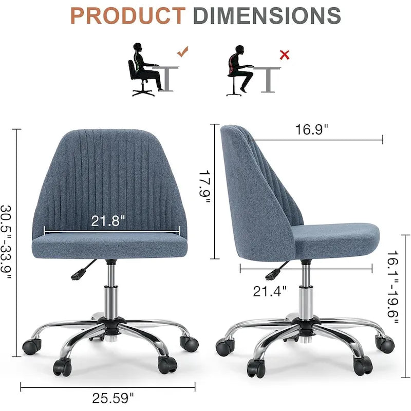 Chaise de bureau pivotante sans accoudoirs bleu / gris foncé, réglable en hauteur, à roulettes pour 1