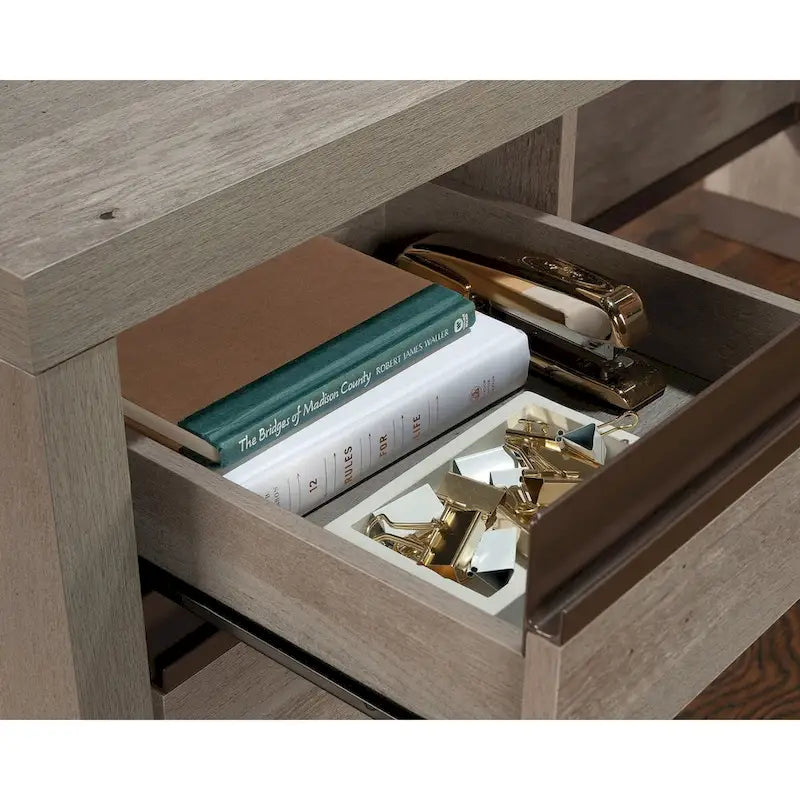 Bureau d'angle Kiln Acacia en L avec 2 tiroirs, tiroir classeur verrouillable et gestion des câbles pour 1