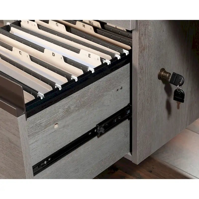 Bureau d'angle Kiln Acacia en L avec 2 tiroirs, tiroir classeur verrouillable et gestion des câbles pour 1