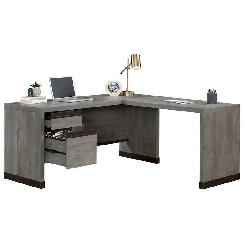 Bureau d'angle Kiln Acacia en L avec 2 tiroirs, tiroir classeur verrouillable et gestion des câbles pour 1