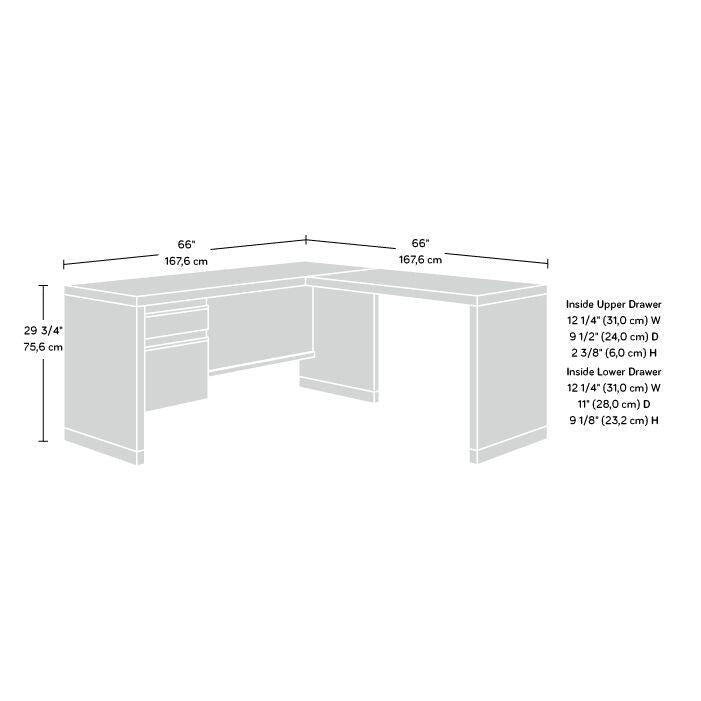 Bureau d'angle Kiln Acacia en L avec 2 tiroirs, tiroir classeur verrouillable et gestion des câbles pour 1