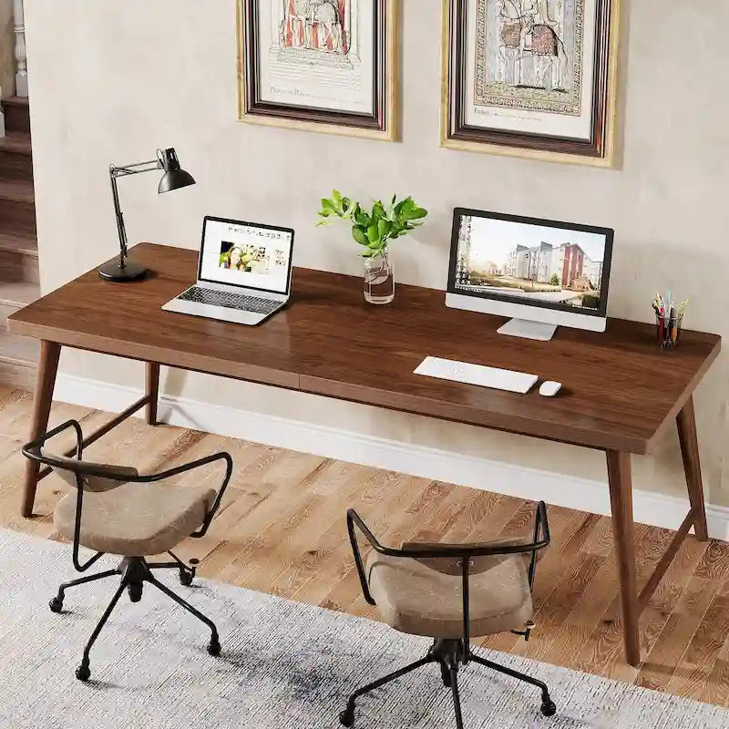 Bureau extra-long de style Mid-Century en MDF Noyer avec pieds trapézoïdaux en métal pour 2 personnes