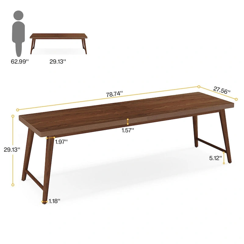 Bureau extra-long de style Mid-Century en MDF Noyer avec pieds trapézoïdaux en métal pour 2 personnes