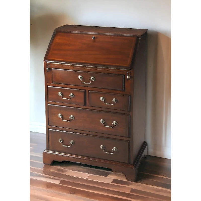 Secrétaire classique en bois d'hévéa brun avec 5 tiroirs pour 1