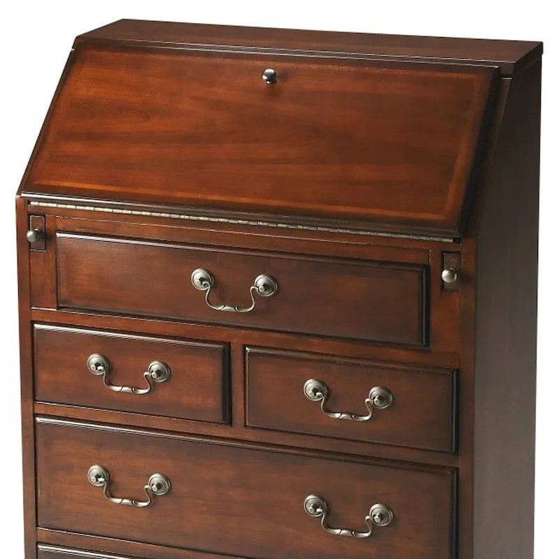 Secrétaire classique en bois d'hévéa brun avec 5 tiroirs pour 1