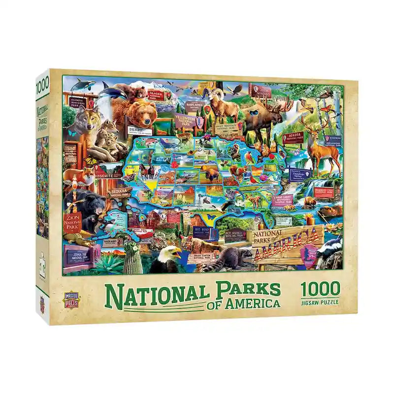 Puzzle de 1000 pièces représentant la carte multicolore des parcs nationaux d'Amérique, pour 1 joueur ou plus