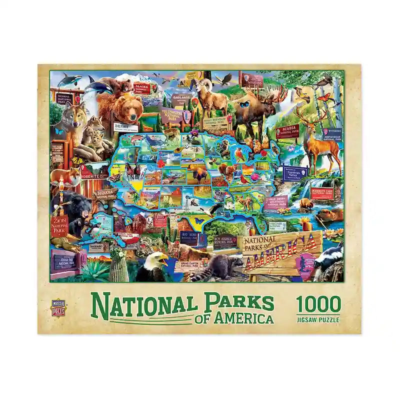 Puzzle de 1000 pièces représentant la carte multicolore des parcs nationaux d'Amérique, pour 1 joueur ou plus