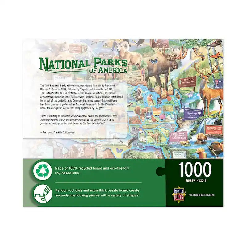 Puzzle de 1000 pièces représentant la carte multicolore des parcs nationaux d'Amérique, pour 1 joueur ou plus