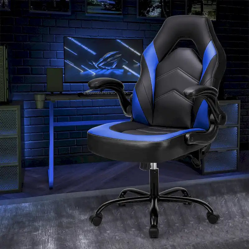 Fauteuil gamer en cuir PU Noir+Bleu / Noir+Rouge / Noir+Gris avec accoudoirs relevables et support lombaire pour 1