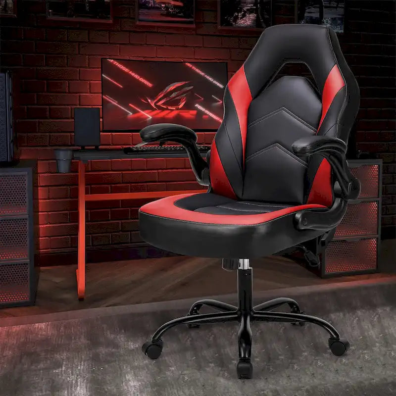 Fauteuil gamer en cuir PU Noir+Bleu / Noir+Rouge / Noir+Gris avec accoudoirs relevables et support lombaire pour 1
