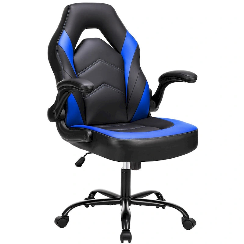 Fauteuil gamer en cuir PU Noir+Bleu / Noir+Rouge / Noir+Gris avec accoudoirs relevables et support lombaire pour 1