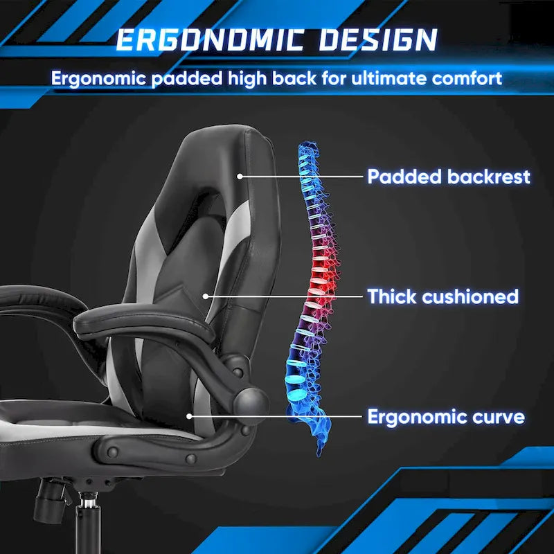 Fauteuil gamer en cuir PU Noir+Bleu / Noir+Rouge / Noir+Gris avec accoudoirs relevables et support lombaire pour 1