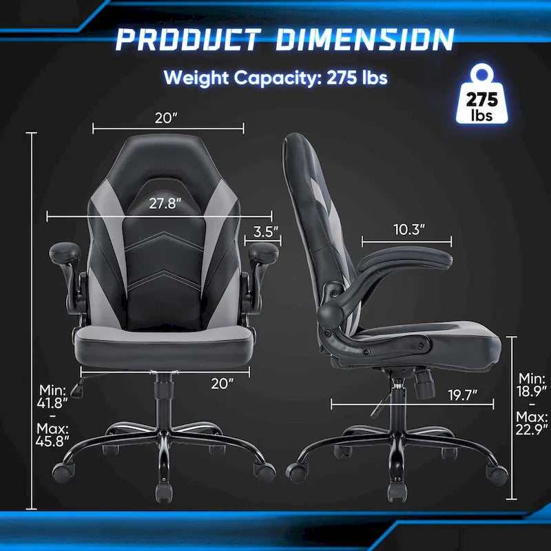 Fauteuil gamer en cuir PU Noir+Bleu / Noir+Rouge / Noir+Gris avec accoudoirs relevables et support lombaire pour 1