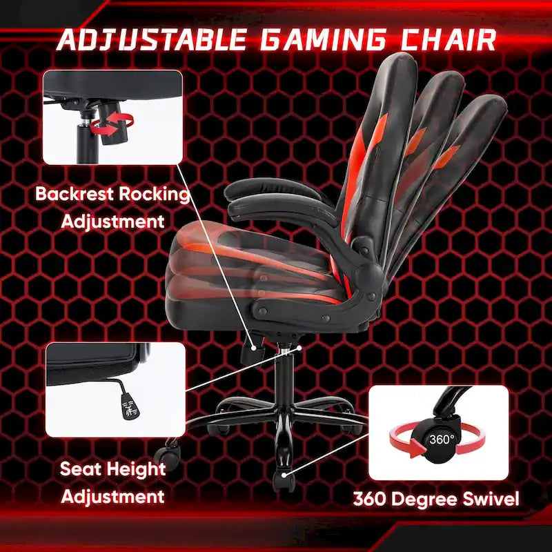 Fauteuil gamer en cuir PU Noir+Bleu / Noir+Rouge / Noir+Gris avec accoudoirs relevables et support lombaire pour 1