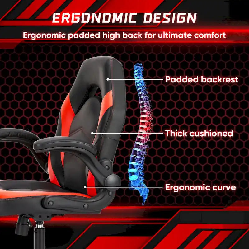 Fauteuil gamer en cuir PU Noir+Bleu / Noir+Rouge / Noir+Gris avec accoudoirs relevables et support lombaire pour 1