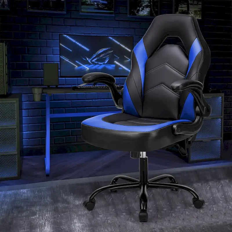 Fauteuil gamer en cuir PU Noir+Bleu / Noir+Rouge / Noir+Gris avec accoudoirs relevables et support lombaire pour 1