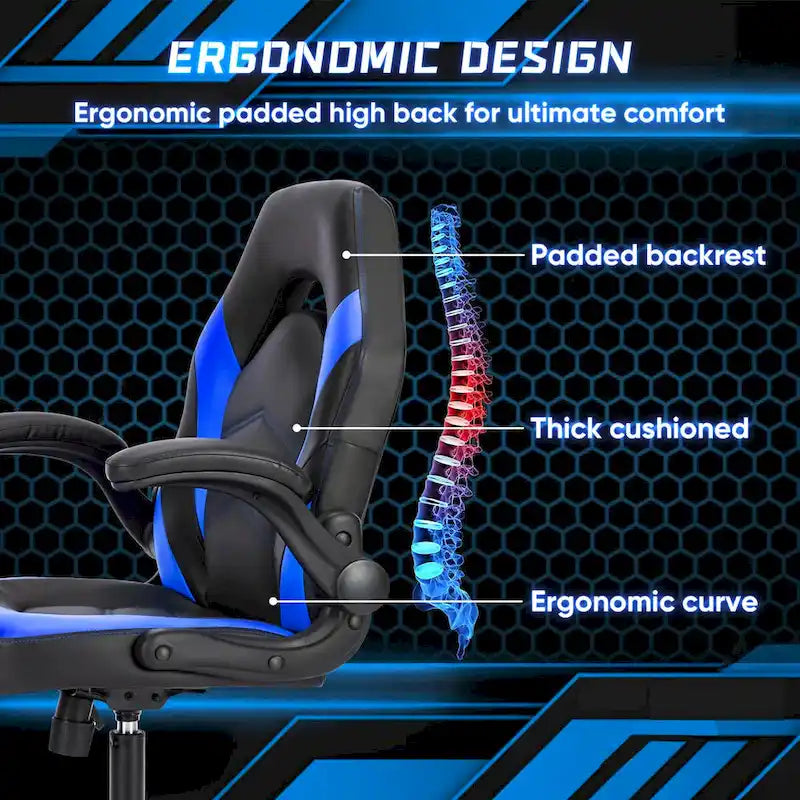 Fauteuil gamer en cuir PU Noir+Bleu / Noir+Rouge / Noir+Gris avec accoudoirs relevables et support lombaire pour 1