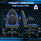 Fauteuil gamer en cuir PU Noir+Bleu / Noir+Rouge / Noir+Gris avec accoudoirs relevables et support lombaire pour 1