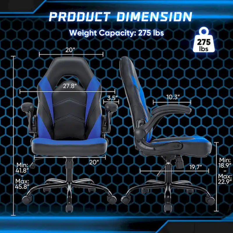 Fauteuil gamer en cuir PU Noir+Bleu / Noir+Rouge / Noir+Gris avec accoudoirs relevables et support lombaire pour 1