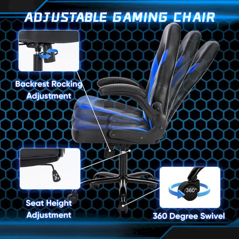 Fauteuil gamer en cuir PU Noir+Bleu / Noir+Rouge / Noir+Gris avec accoudoirs relevables et support lombaire pour 1