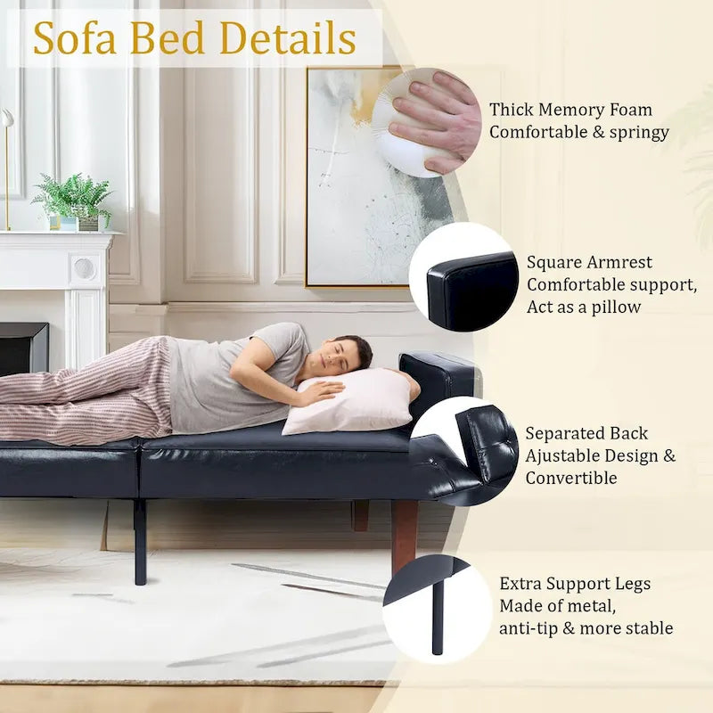 Canapé-lit futon convertible en PU gris clair / gris / noir pour 2-3 personnes