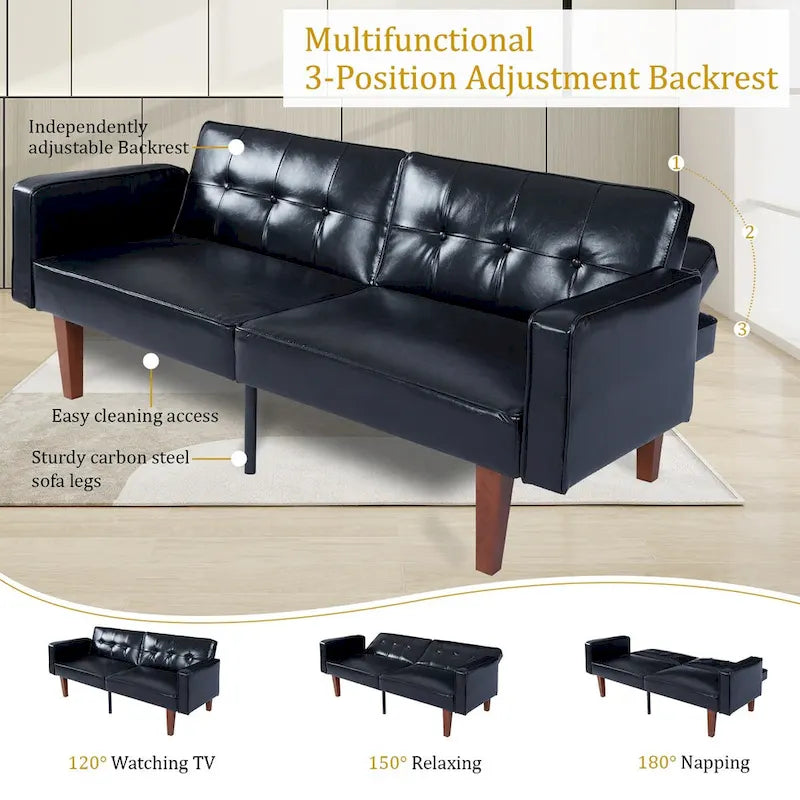 Canapé-lit futon convertible en PU gris clair / gris / noir pour 2-3 personnes