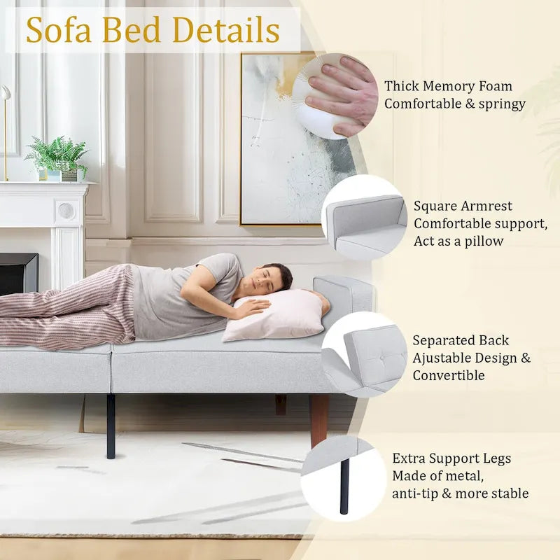 Canapé-lit futon convertible en PU gris clair / gris / noir pour 2-3 personnes