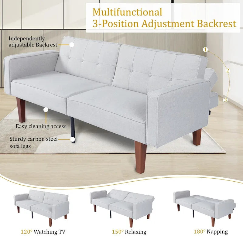 Canapé-lit futon convertible en PU gris clair / gris / noir pour 2-3 personnes