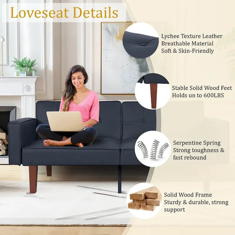 Canapé-lit futon convertible en PU gris clair / gris / noir pour 2-3 personnes