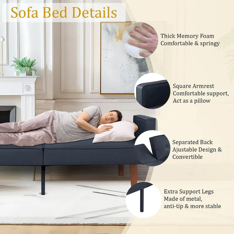 Canapé-lit futon convertible en PU gris clair / gris / noir pour 2-3 personnes