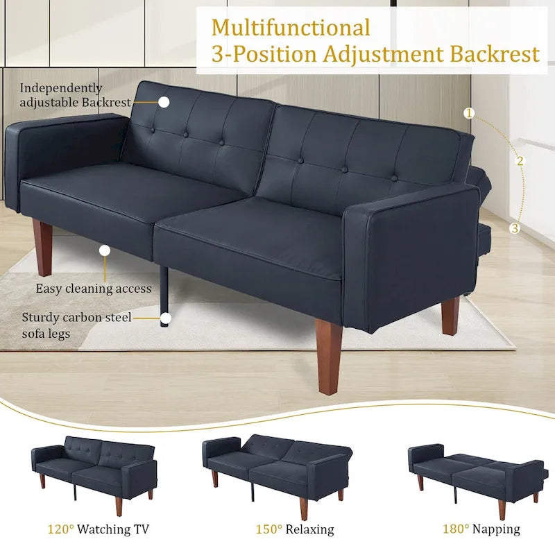 Canapé-lit futon convertible en PU gris clair / gris / noir pour 2-3 personnes