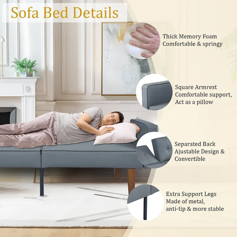 Canapé-lit futon convertible en PU gris clair / gris / noir pour 2-3 personnes