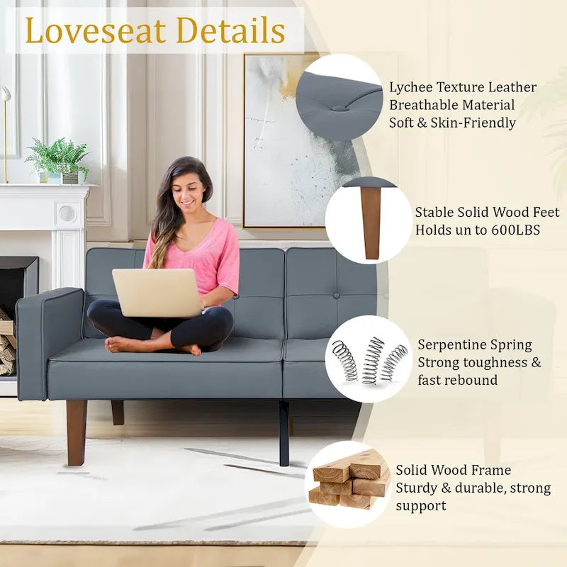 Canapé-lit futon convertible en PU gris clair / gris / noir pour 2-3 personnes