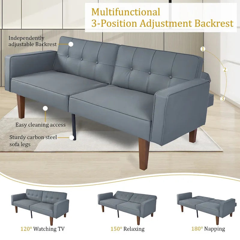 Canapé-lit futon convertible en PU gris clair / gris / noir pour 2-3 personnes