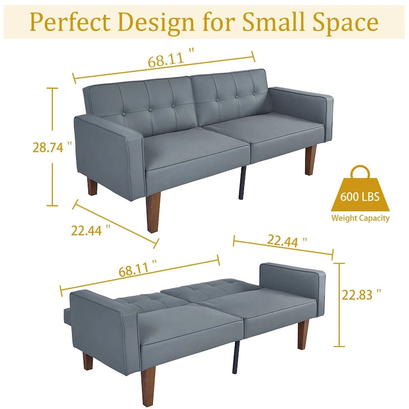 Canapé-lit futon convertible en PU gris clair / gris / noir pour 2-3 personnes