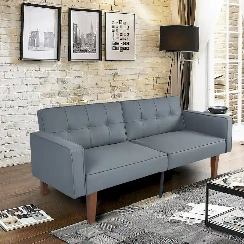Canapé-lit futon convertible en PU gris clair / gris / noir pour 2-3 personnes