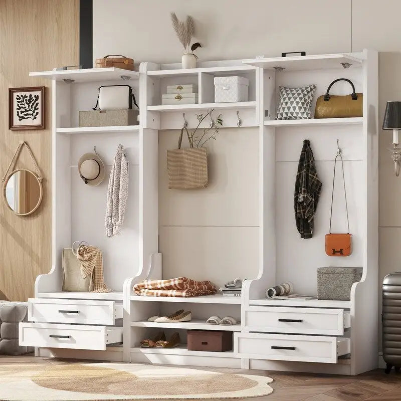 Vestiaire 4-en-1 détachable en MDF blanc avec armoires de rangement, tiroirs, crochets et banc à chaussures pour 1