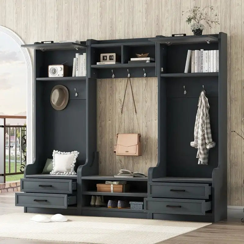 4-in-1 Detachable Hall Tree with Storage Cabinets and Hooks, Multifunctional Hallway Coat Rack with Drawers and Shoe Bench