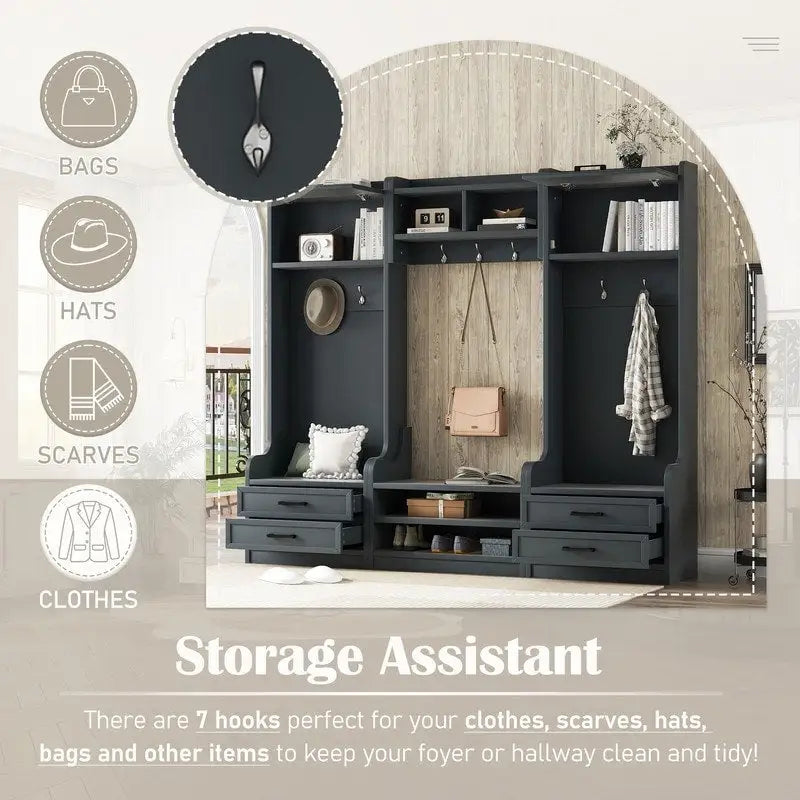 Vestiaire 4-en-1 détachable en MDF blanc avec armoires de rangement, tiroirs, crochets et banc à chaussures pour 1