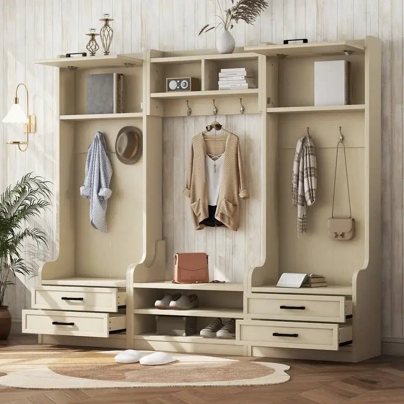 Vestiaire 4-en-1 détachable en MDF blanc avec armoires de rangement, tiroirs, crochets et banc à chaussures pour 1
